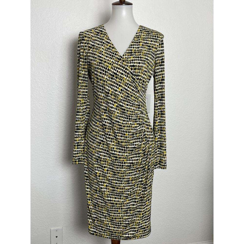 Calvin Klein Dress Mini Stretch Knit Pleated Print Multicolor V Neck